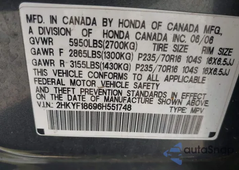 2006 Honda Pilot Ex-L из США, поврежденный, VIN 2HKYF18696H551748